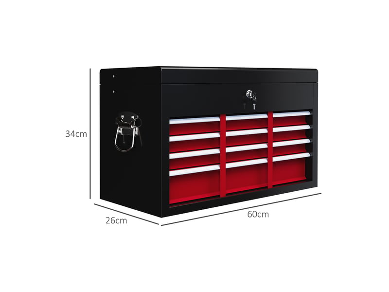 Boîte à outils 60 x 26 x 34 cm rouge et noire en acier, 6 tiroirs verrouillables avec rangement supérieur - Conforama C