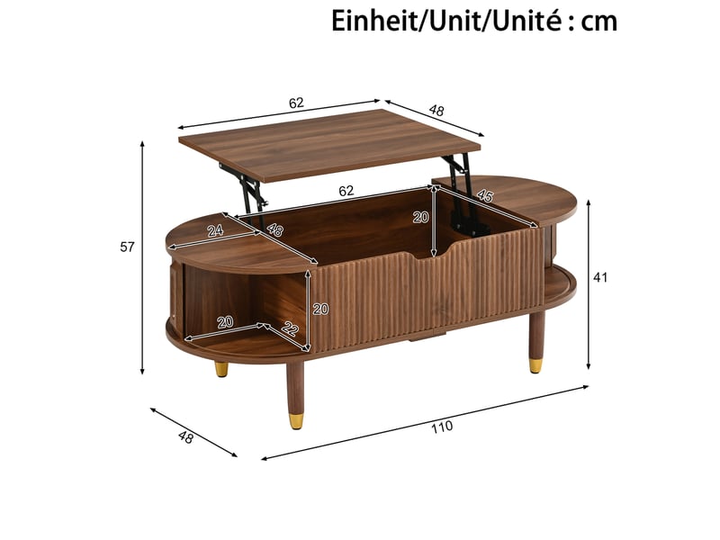 Table basse ovale 110x48x57 cm coloris noyer avec plateau relevable - Conforama C