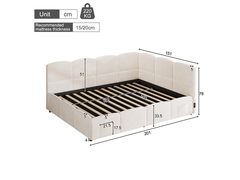 Lit banquette 140 × 190 cm avec rangement hydraulique et usb-ausb-c, velours beige IKSETERA TRADING LTD - Conforama C