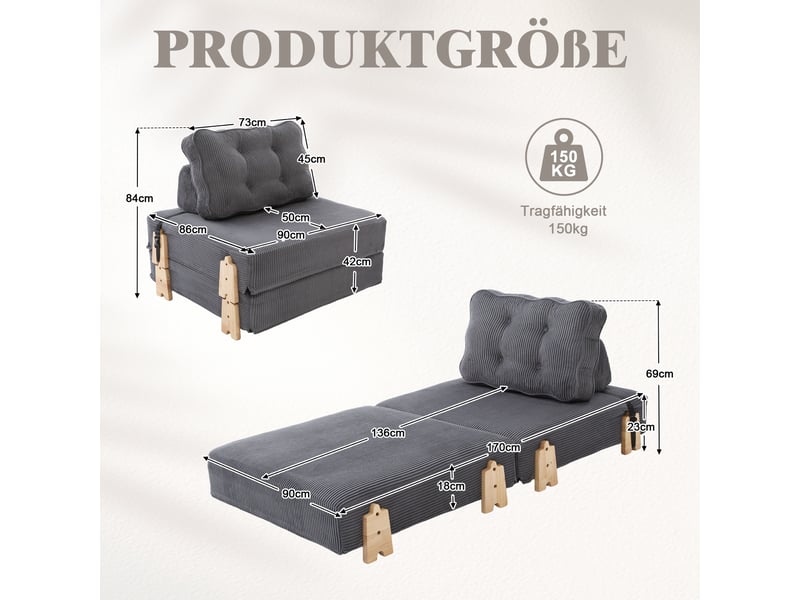 Fauteuil convertible lit simple 90x86x84 cm velours côtelé gris foncé design scandinave moderne - Conforama C