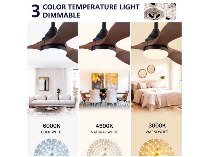  Ventilateur de plafond intérieur 132 cm noir avec éclairage led dimmable 3 cct, 3 pales en bois massif, moteur dc silencieux réversible  - Conforama C