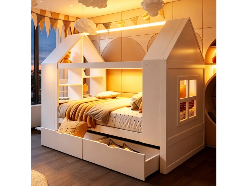  Lit enfant 90x200 cm avec rangements et led en bois blanc  - Conforama C