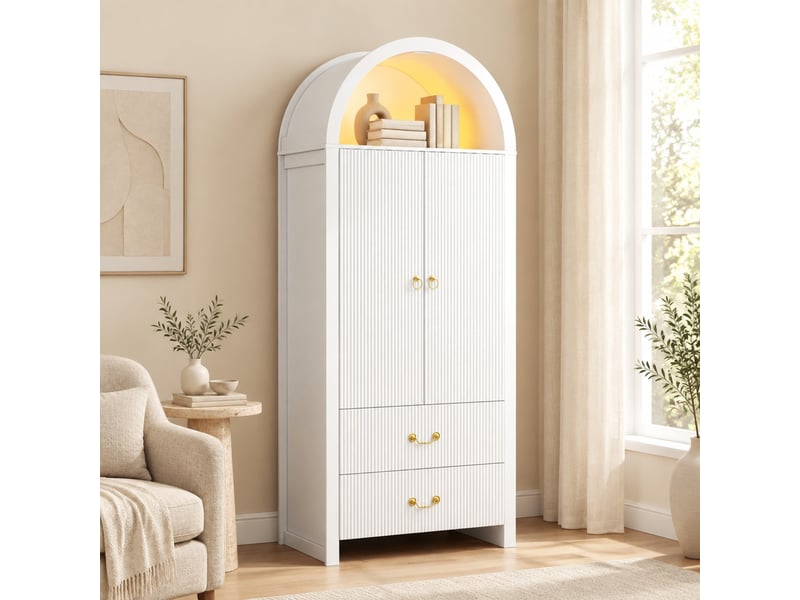  Buffet haut tcqpz blanc 76 x 38 x 180 cm led réglable par application 2 portes 2 tiroirs mdf et panneaux de particules  - Conforama E