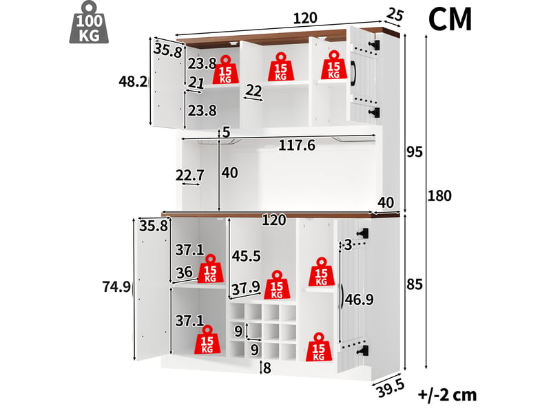 Colonne de cuisine led avec rangement fermé, niche ouverte, étagères réglables, range bouteilles, 120 × 40 × 180 cm - Conforama D
