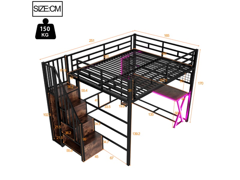 Lit mezzanine 160 x 200 cm – avec éclairage led – échelle avec rangements – avec bureau – noir (matelas non inclus) - Conforama C