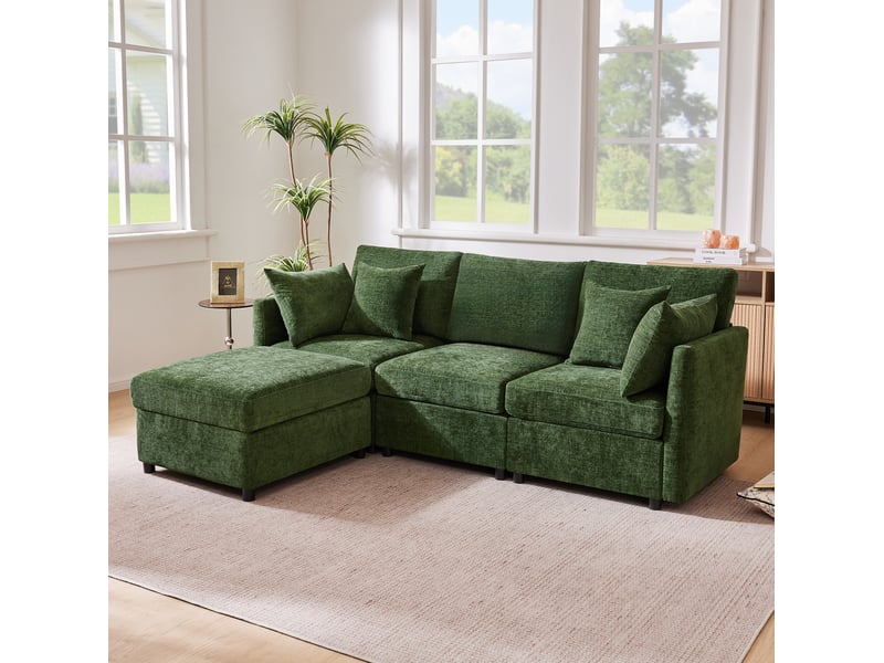  Canapé d'angle ulevr modulable 3-4 places avec pouf mobile, tissu chenille vert, 216 x 161 x 81 cm, 4 coussins  - Conforama B