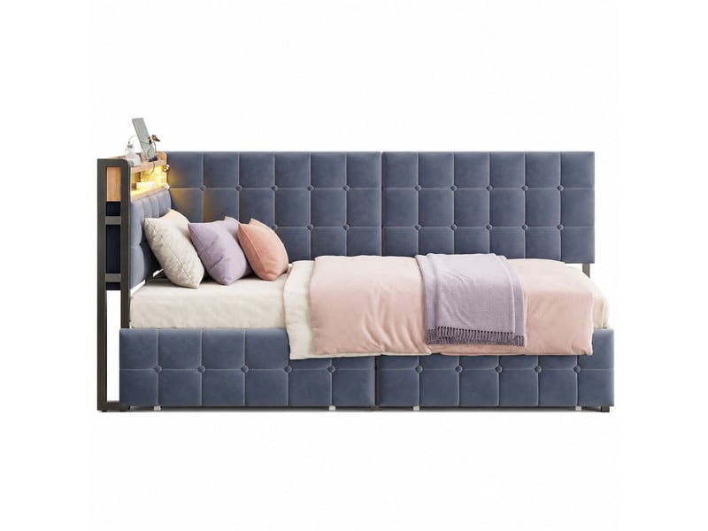  Canapé convertible lit simple avec 2 tiroirs, éclairage à couleurs variables et prises usb, tissu gris  - Conforama A