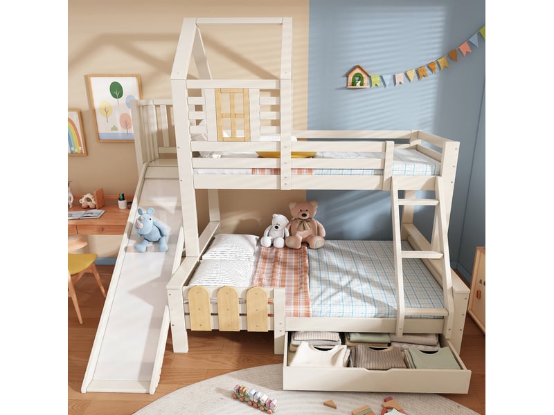  Lit superposé enfant avec toboggan, échelle et tiroir, 90x200 et 140x200 cm  - Conforama C