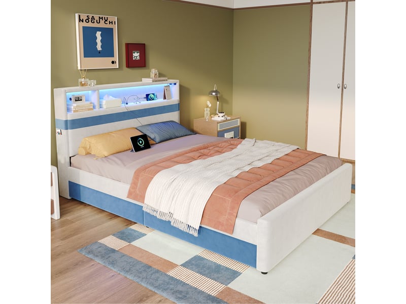  Lit enfant avec rangement 140 x 200 cm, 4 tiroirs, led et usb  - Conforama W
