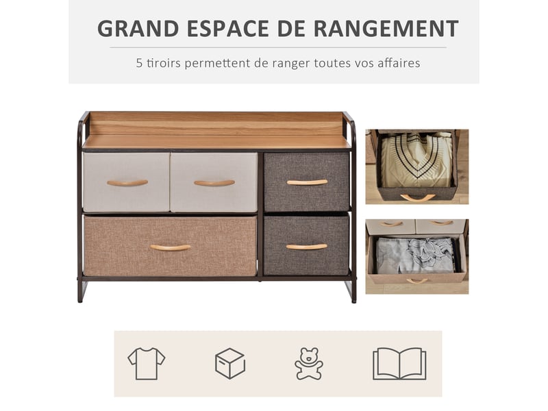  Commode meuble de rangement 5 tiroirs en tissu 87,5 x 29 x 58 cm marron et beige  - Conforama R