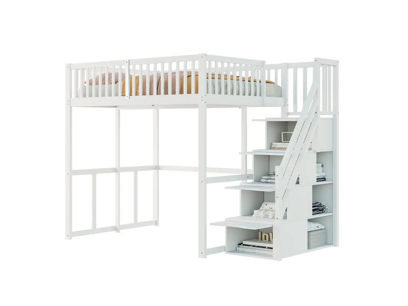  Lit mezzanine 140x200 cm avec échelle de rangement, cadre de lit adulte en pin avec sommier à lattes, lit double, blanc  - Conforama B