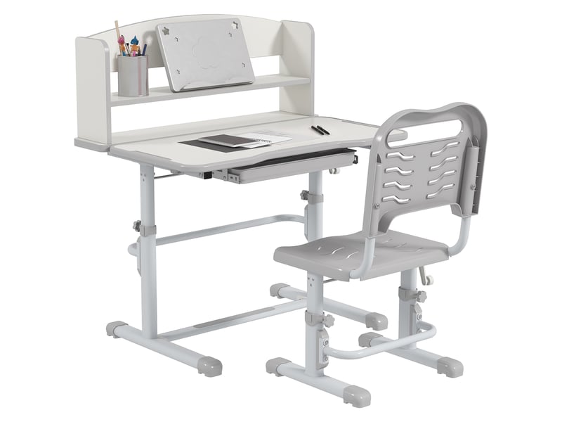  Ensemble bureau enfant avec chaise réglable en hauteur et plateau inclinable, 6-12 ans, gris  - Conforama A