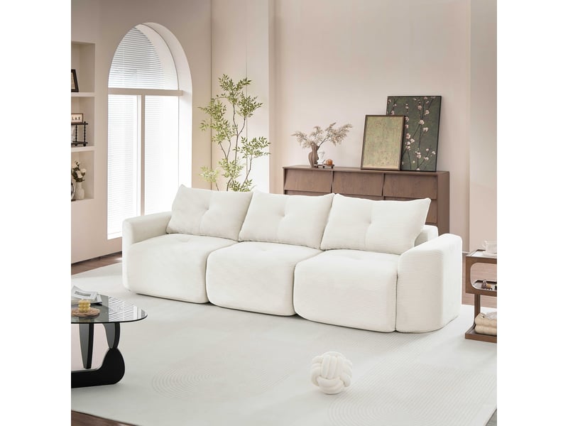  Canapé modulable 3 places en configuration 2+1, siège individuel amovible, formes arrondies, 3 coussins dossier, velours côtelé beige style wabi-sabi  - Conforama C