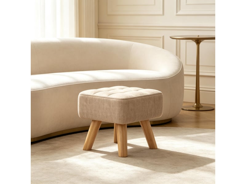  Pouf repose-pieds en lin brun clair, design capitonné, mousse épaisse, pieds bois d'hévéa antidérapants, 27x27x26 cm  - Conforama D