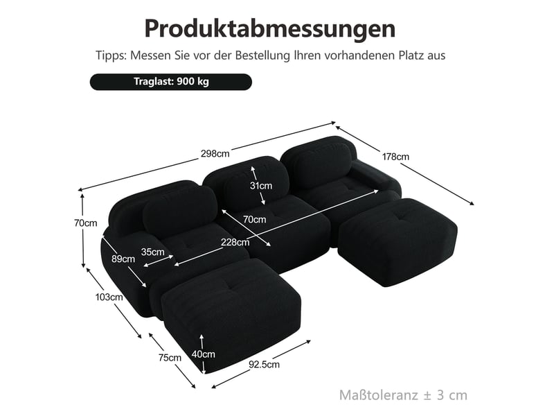  Canapé modulable en u 3 places en velours côtelé noir - 298 x 178 x 70 cm  - Conforama E