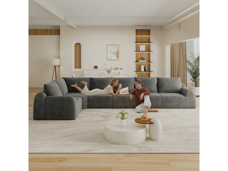  Canapé d'angle 6 places en chenille gris foncé 401 cm sans montage  - Conforama C
