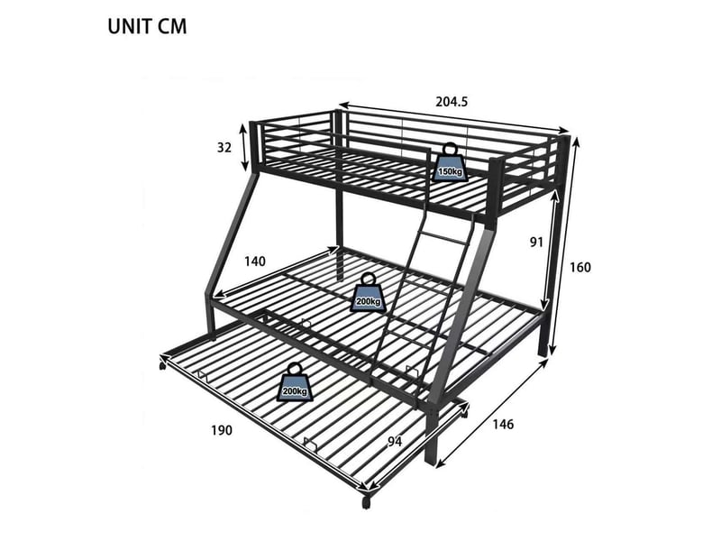 Lit superposé métal noir 90x200 et 140x200 cm avec lit gigogne 90x190 cm - Conforama C