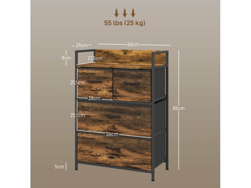  Commode 60x29x85 cm marron rustique et noir, 4 tiroirs en tissu, style industriel, rangement compact  - Conforama C
