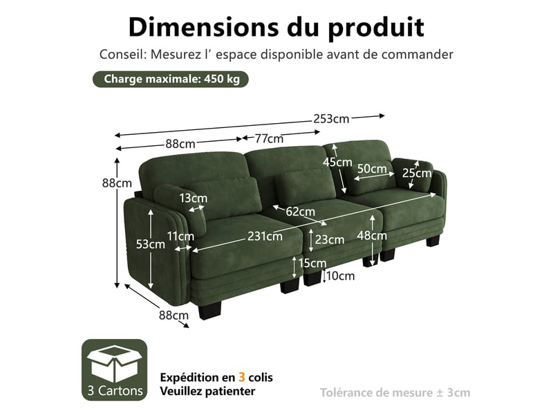  Canapé droit modulable 253 cm 3 places, accoudoirs amovibles, coussins lombaires épais à soutien renforcé, assise à ressorts ensachés, chenille, vert  - Conforama D