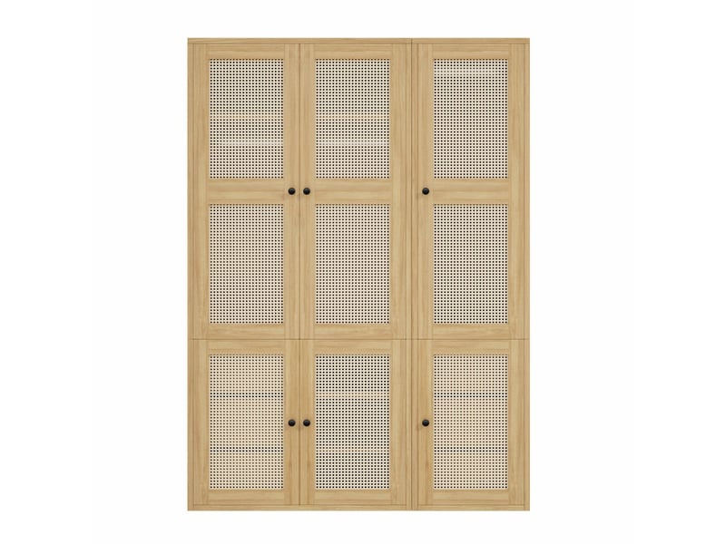  Armoire chambre 135x47x200 cm, penderie avec portes en rotin tressé et tiroirs, en mdf de style bohème chic, avec 6 tiroirs et 2 tringles, bois  - Conforama A