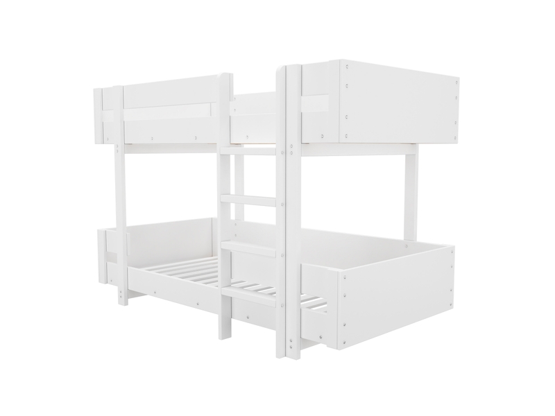 Lit superposé 90x200 cm, lit enfant avec escalier et barrière renforcée en bois, blanc, sans matelas - Conforama E