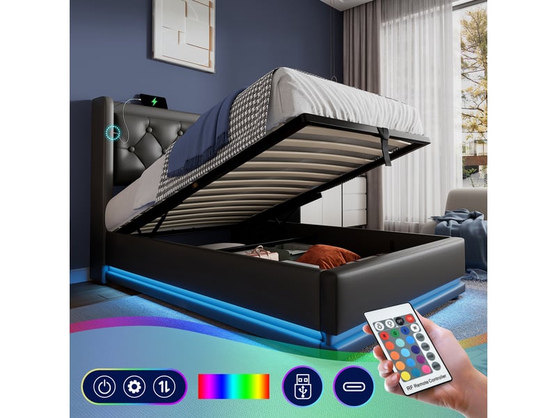  Lit 1 personne 90x200 cm avec matelas, tête de lit rembourrée avec recharge usb, lit simple led, noir  - Conforama C