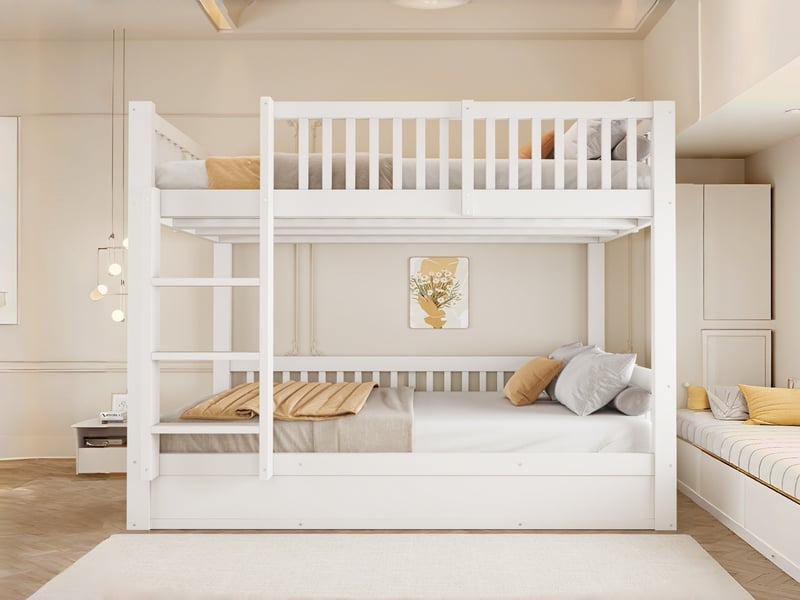  Lit superposé pour enfants, 140 x 200 cm, bois massif, avec système de rangement hydraulique, ​​blanc  - Conforama B