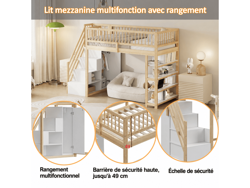  Lit mezzanine enfant 90x200 cm lit surélevé avec escalier à rangements,armoire,étagères,garde-corps,pin massif et mdf,naturel  - Conforama E
