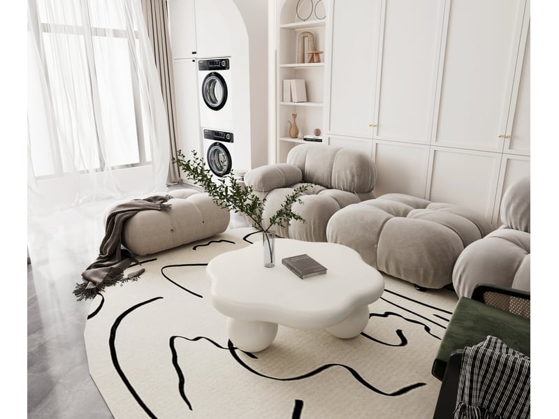  Table basse avec plateau arrondi et pieds sphériques, finition mate, style moderne, en mdf et plastique, crème, ø80 × 35 cm  - Conforama E