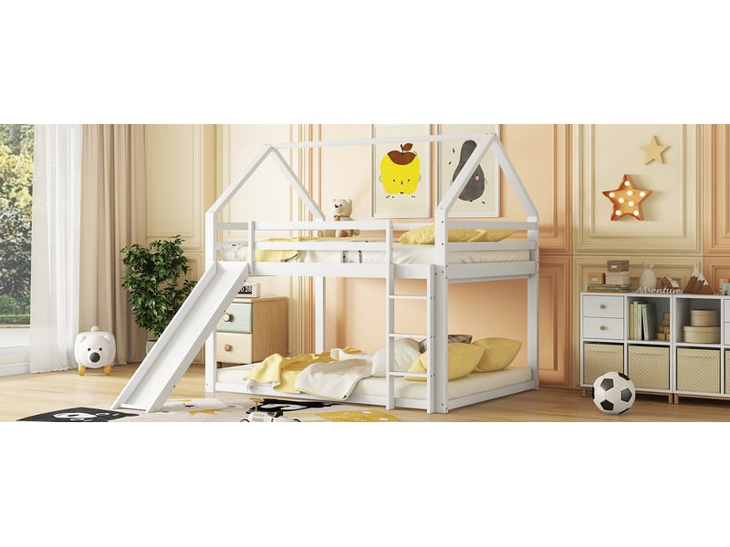  Lit superposé enfant cabane avec toboggan et échelle 140x200 cm blanc pin massif mdf couchage 2 places Sol Morn - Conforama B
