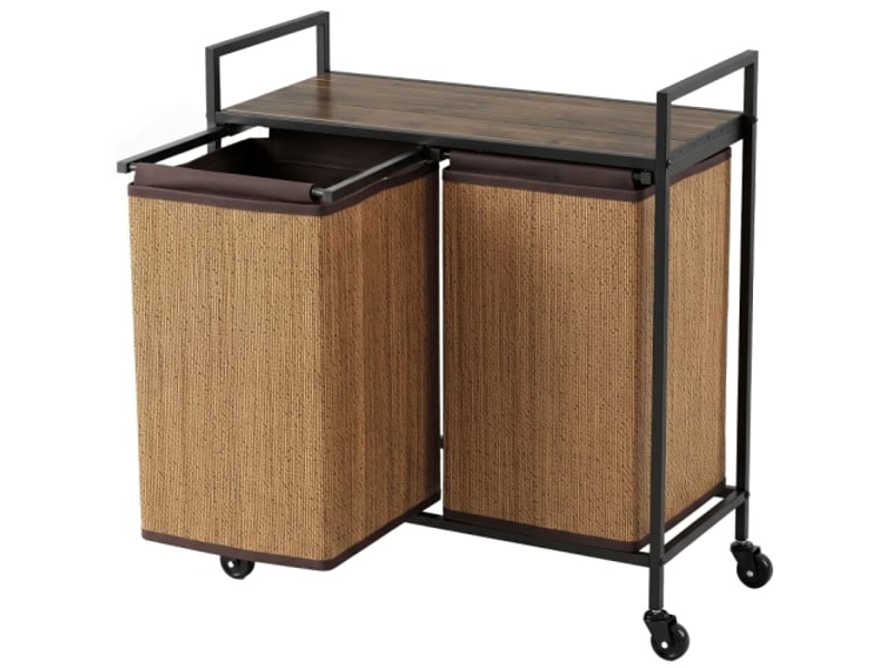  Panier à linge 73x33x78 cm, 120 l, 2 sacs amovibles avec tablette et roulettes en bambou brun  - Conforama A