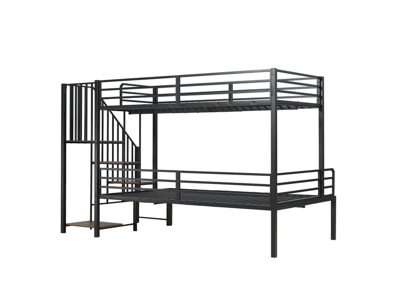  Lit superposé enfant 90x200120x200 cm – noir – escalier d’angle 4 marches avec rangement, sans matelas  - Conforama D