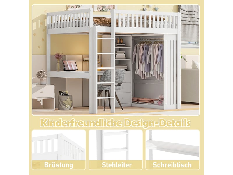  Lit mezzanine 140x200 cm avec bureau, armoire, 3 tiroirs, rangement ouvert, bois de pin et mdf, blanc sans matelas  - Conforama C