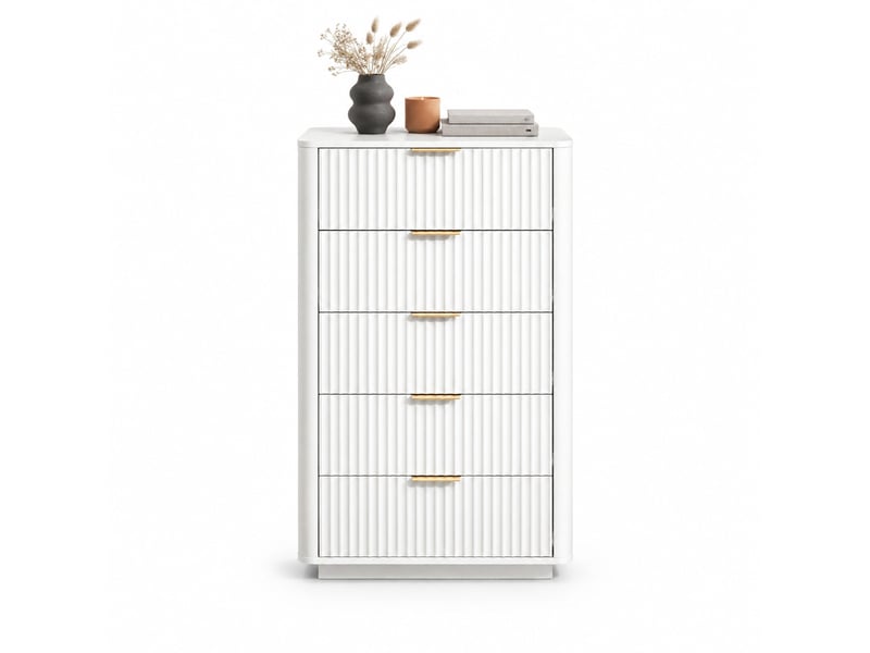  Commode 5 tiroirs à fermeture douce et anti-basculement - lpospi - coins arrondis, poignées métal, mdf blanc  - Conforama A