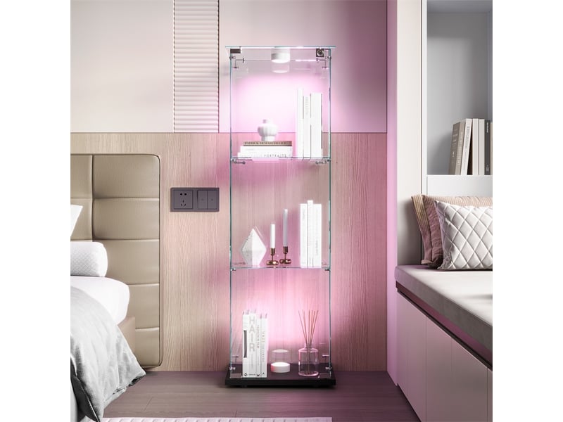  Vitrine en verre 123.3x39.8x35cm - vitrine 1 porte 3 niveaux avec lampe tactile et base noire - meuble de présentation - noir  - Conforama C