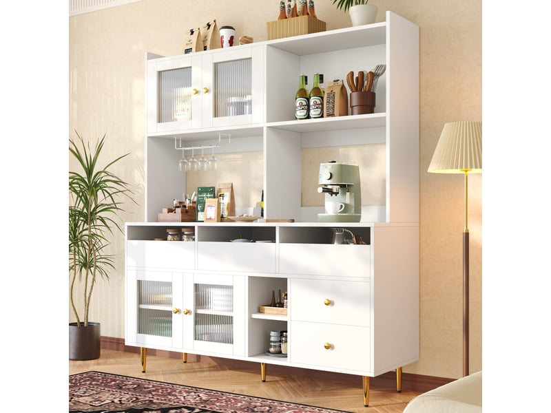  Meuble de cuisine muvano avec portes en verre strié, blanc, 145 × 39 × 171 cm  - Conforama C