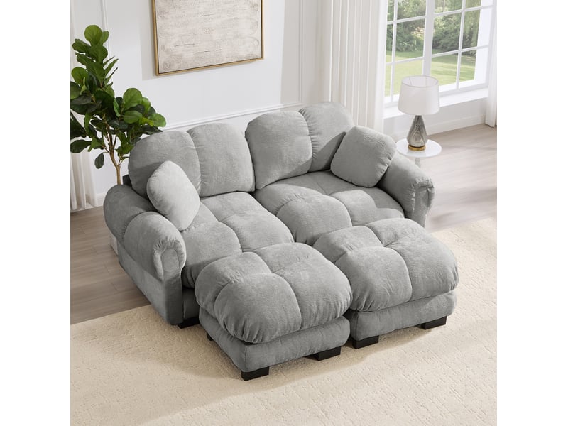 Canapé modulable 2 places modenvie en chenille gris clair avec pouf mobile, configuration en u ou en l, 190 x 149 x 90 cm - Conforama E
