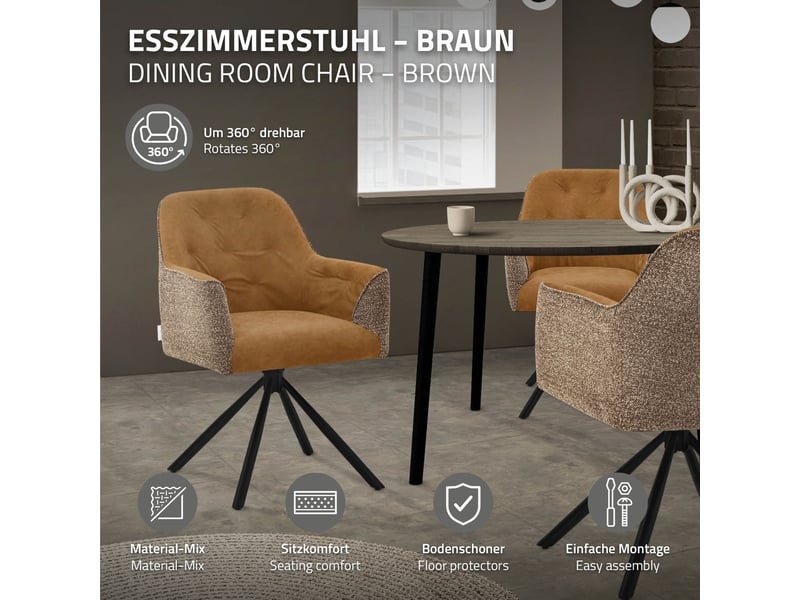 Ml-design chaise salle à manger pivotante 360° en tissu tissé et simili, avec accoudoirs et dossier, structure en acier, pieds réglables, rembourrage confortable, pour salon cuisine, 120 kg, marron ECD Germany GmbH - Conforama B