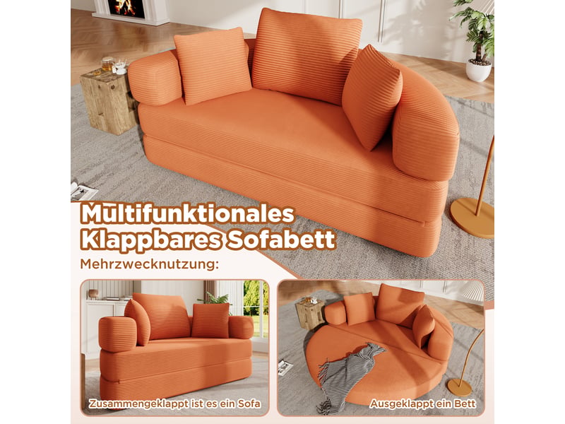  Canapé convertible 2 places en velours côtelé, 2-en-1, lit ovale 173×176 cm, sans montage, 3 coussins inclus  - Conforama E