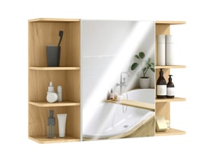 Armoire murale salle de bain avec miroir, meuble salle de bain avec étagères ouvertes, 80 x 20 x 59 cm, bois naturel