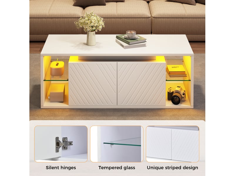 Table basse avec led, 2 portes et rangements semi-ouverts pour salon en panneau de particules blanc 100 × 50 × 41 cm - Conforama E