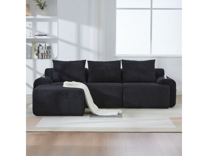  Canapé modulaire 3 places 268x174x80 cm, porte-gobelet, poche latérale, assise large, pouf inclus, velours côtelé noir  - Conforama D