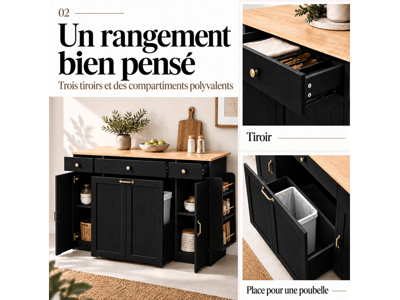  Bar 136x65x90 cm avec 4 tiroirs et 2 portes en mdf couelru noir et naturel, design moderne  - Conforama E