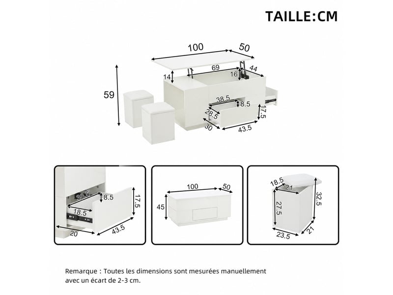  Table basse relevable 4-en-1 avec led, 2 tiroirs et 2 tabourets – blanche – 100 x 50 x 45 cm  - Conforama D