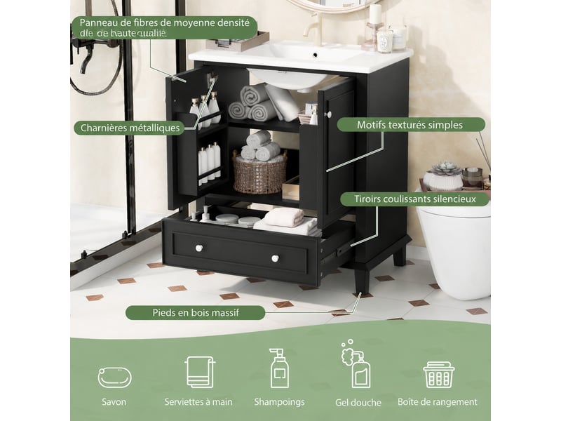 Meuble vasque noir 76 cm avec lavabo en céramique, 2 portes et 1 tiroir  - Conforama E