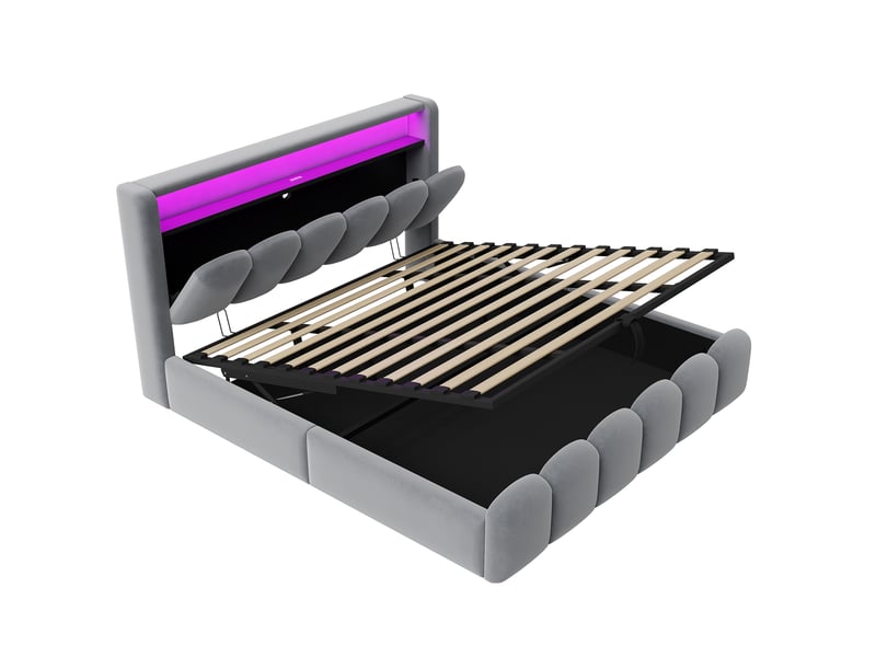  Lit coffre 180x200cm, lit double, ports de charge, led, tête de lit avec rangement, sommiers, velours, métal, mdf, gris  - Conforama R