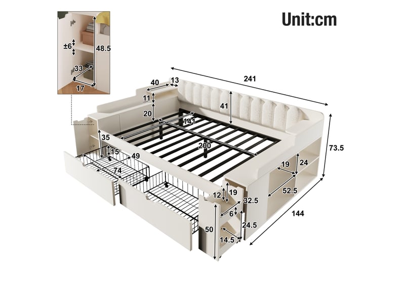  Lit banquette 2 places 140x200 cm avec rangement et station de charge, pour chambre, moderne, mdf, blanc, sans matelas  - Conforama C