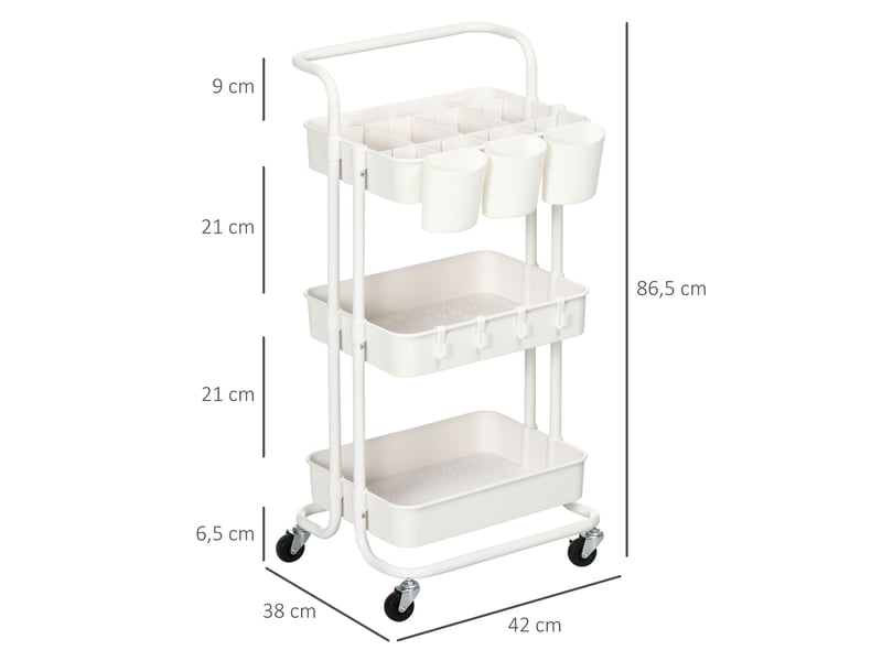  Chariot à 3 niveaux desserte avec 4 crochets et 3 boîtes suspendues amovibles pour blanc 42 x 38 x 86,5 cm  - Conforama C