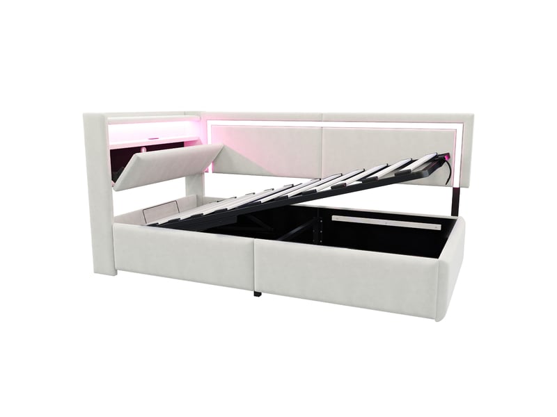  Lit simple à vérins avec éclairage led et port usb, canapé-lit rembourré 90x200 cm avec tête de lit en velours, beige, lit enfant  - Conforama B