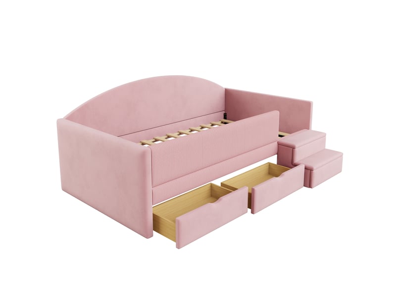 Canapé-lit capitonné, 90 x 190 cm, lit multifonctionnel avec deux tiroirs, barres de sécurité et marchepieds, revêtement en velours doux pour la peau, sans matelas, rose - Conforama E